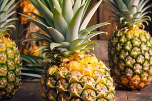 ai generiert reif Ananas. horizontal kulinarisch Hintergrund mit exotisch Früchte. kommerziell Werbung Essen Foto