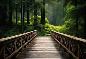 ai generiert ein Brücke Über ein Fluss im ein Wald foto