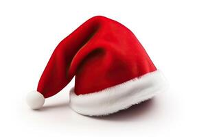 ai generiert ein festlich rot Santa Hut mit ein Weiß Bommel, Weihnachten, Feiertage, isoliert, Weiß Hintergrund foto