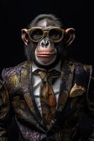 ai generiert Affe Schimpanse gekleidet im ein elegant passen mit ein nett binden. Mode Porträt von ein anthropomorph foto