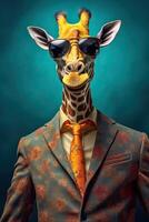 ai generiert Giraffe gekleidet im ein elegant modern passen mit ein nett binden. Mode Porträt von ein anthropomorph foto