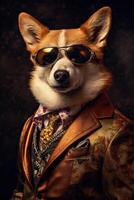 ai generiert Hund, Corgi gekleidet im ein elegant modern Blumen- Anzug. Mode Porträt von ein anthropomorph Tier, foto
