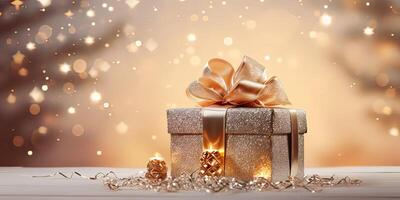 ai generiert Geschenk Box auf Tabelle mit Schnee, verwischen Weihnachten Baum und golden festlich Bokeh Licht Hintergrund zum foto