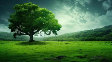 ai generiert ein Grün Baum im ein Feld mit das Sonne leuchtenden auf es foto