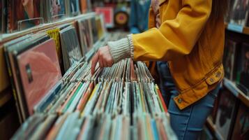 ai generiert Frau mit Finger auf Vinyl Aufzeichnungen beim Jahrgang Aufzeichnung speichern. foto