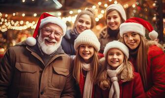 ai generiert glücklich groß Familie Stehen beim ein Weihnachten Markt,, Winter Ferien Feier, Mutter, Vater, foto