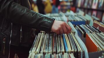 ai generiert Jahrgang Musik- Liebhaber Surfen durch Vinyl Alben beim Aufzeichnung Geschäft. foto