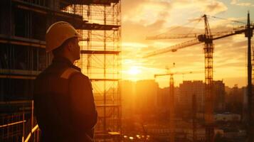 ai generiert industriell Ingenieur beaufsichtigen Hochhaus Gebäude Konstruktion mit Kräne foto