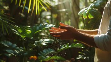 ai generiert Mann mit Lotion auf Hände und Vögel im sonnig exotisch Pflanze Wintergarten. foto