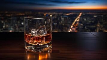 ai generiert Whiskey auf das Felsen mit ein Aussicht von das Stadt. foto