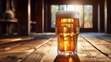 ai generiert Glas von Bier auf hölzern Tabelle im Vorderseite von Fenster mit Winter Landschaft foto