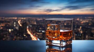 ai generiert Whiskey auf das Felsen mit Aussicht von Neu York Stadt beim Sonnenuntergang foto