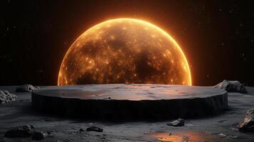 ai generiert leeren schwarz Felsen Podium auf Raum mit Orange Planet und Sterne im das Hintergrund foto