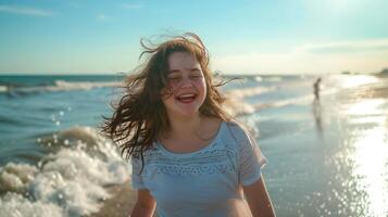 ai generiert ein mollig Teenager Mädchen glücklich genießen Sie selber auf ein sonnig Strand während ein warm Tag. Mädchen auf das Strand im das Sommer. Reisen allein Konzept, glücklich Moment. foto