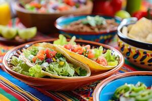 ai generiert Mexikaner Tacos mit Rindfleisch, Tomaten, Zwiebeln und Andere auf Weiß Hintergrund foto