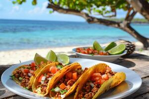 ai generiert Mexikaner Tacos mit Rindfleisch, Tomaten, Zwiebeln und Andere auf Weiß Hintergrund foto