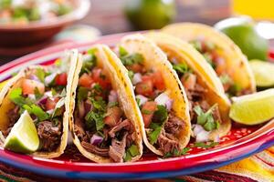 ai generiert Mexikaner Tacos mit Rindfleisch, Tomaten, Zwiebeln und Andere auf Weiß Hintergrund foto