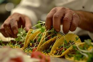 ai generiert Mexikaner Tacos mit Rindfleisch, Tomaten, Zwiebeln und Andere auf Weiß Hintergrund foto