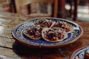 ai generiert Mexikaner Tacos mit Rindfleisch, Tomaten, Zwiebeln und Andere auf Weiß Hintergrund foto