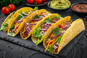 ai generiert Mexikaner Tacos mit Rindfleisch, Tomaten, Zwiebeln und Andere auf Weiß Hintergrund foto