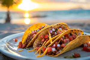 ai generiert Mexikaner Tacos mit Rindfleisch, Tomaten, Zwiebeln und Andere auf Weiß Hintergrund foto
