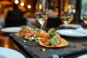 ai generiert Mexikaner Tacos mit Rindfleisch, Tomaten, Zwiebeln und Andere auf Weiß Hintergrund foto