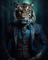 ai generiert Tiger gekleidet im ein elegant modern passen mit ein nett binden. Mode Porträt von ein anthropomorph foto