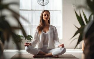 ai generiert Frau üben Meditation, Yoga, Entspannung im ihr Ruhe und gemütlich heim, mit Ruhe, friedlich foto