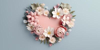 ai generiert minimal Liebe Konzept von Herz geformt gemacht von Frühling Blumen- Blumen. Sanft Pastell- Farben. kreativ foto