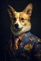 ai generiert Hund, Corgi gekleidet im ein elegant modern Blumen- Anzug. Mode Porträt von ein anthropomorph Tier, foto