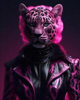 ai generiert weiblich Panther gekleidet im ein elegant modern Rosa passen mit ein nett binden. Mode Porträt von ein foto