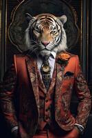ai generiert Tiger gekleidet im ein elegant modern passen mit ein nett binden. Mode Porträt von ein anthropomorph foto