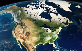 ai generiert physisch Karte von Norden Amerika, USA, Kanada und Mexiko, mit hoch Auflösung Einzelheiten. Satellit Aussicht foto