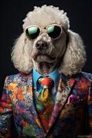 ai generiert Hund, Weiß Pudel, gekleidet im ein elegant modern passen mit ein nett binden, tragen Sonnenbrille. Mode foto