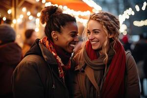 ai generiert glücklich lächelnd Lesben Paar im Liebe, Freundinnen umarmen und lächelnd beim Weihnachten Markt, Winter foto