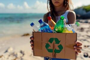 ai generiert Hände halten ein Recycling Box gefüllt mit verschiedene recycelbar Artikel auf Strand ..Umfeld Tag Konzept. generativ ai foto