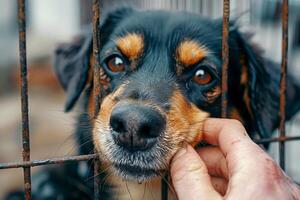 ai generiert Mann halt traurig groß Hunde gefangen im Käfig. generativ ai foto