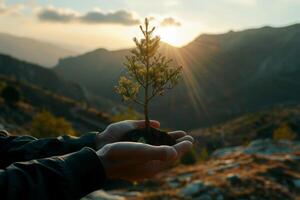 ai generiert Hand Kinder halten Pflanze mit Sonnenlicht auf Grün Natur Hintergrund. Konzept Öko Erde Tag, generativ ai foto