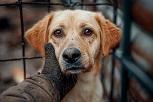 ai generiert Mann halt traurig groß Hunde gefangen im Käfig. generativ ai foto