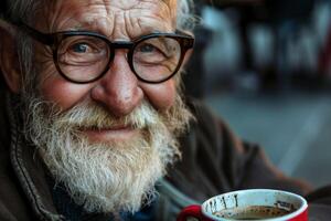 ai generiert ein alt männlich Trinken heiß Kaffee gegen Morgen , ai generativ foto