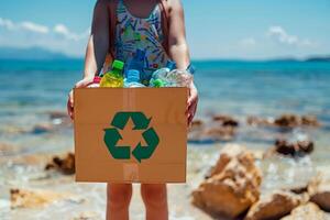 ai generiert Hände halten ein Recycling Box gefüllt mit verschiedene recycelbar Artikel auf Strand ..Umfeld Tag Konzept. generativ ai foto