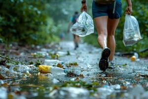 ai generiert Hände Mann Läufer halten ein Recycling Luftröhre Tasche gefüllt mit verschiedene recycelbar Artikel ..Umfeld Tag Konzept. generativ ai foto