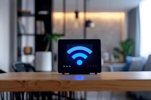 ai generiert ein W-lan Extender iot , Blau W-lan Symbol, in Verbindung gebracht Clever home.ai generativ foto