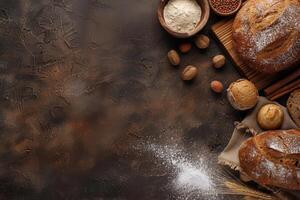 ai generiert frisch gebacken brot, Vielfalt von gebacken Waren auf ein hölzern Hintergrund. oben Aussicht mit Kopieren Raum generativ ai foto