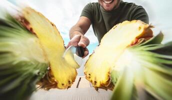 jung lächelnd Mann Schneiden Ananas - - schließen oben männlich Hand halten Scharf Messer vorbereiten tropisch frisch Früchte - - Menschen Lebensstil und gesund exotisch Essen Konzept foto