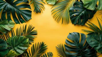 ai generiert tropisch Palme Blätter vereinbart worden im ein eben legen Sommer- Hintergrund mit ein leeren Raum foto