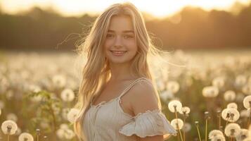 ai generiert ein schön jung Mädchen im ein Licht Leinen- Sommerkleid und lange blond Haar läuft durch ein Feld von Löwenzahn und lächelt foto