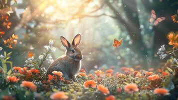 ai generiert ein wunderlich Ostern Märchen Szene, mit ein magisch Wald Hintergrund, flattern Schmetterlinge foto