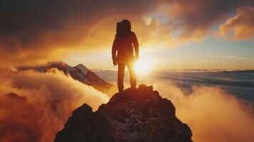 ai generiert Silhouette von ein Bergsteiger auf Berg Gipfel beim Sonnenaufgang foto