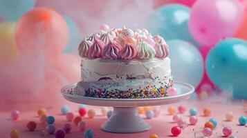 ai generiert ein festlich Geburtstag Kuchen geschmückt mit bunt Ballon Dekorationen, perfekt zum ein Geburtstag Karte foto